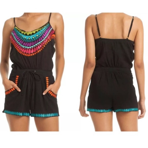 Trina Turk embroidered black Baja Romper (size M) - Picture 1 of 4